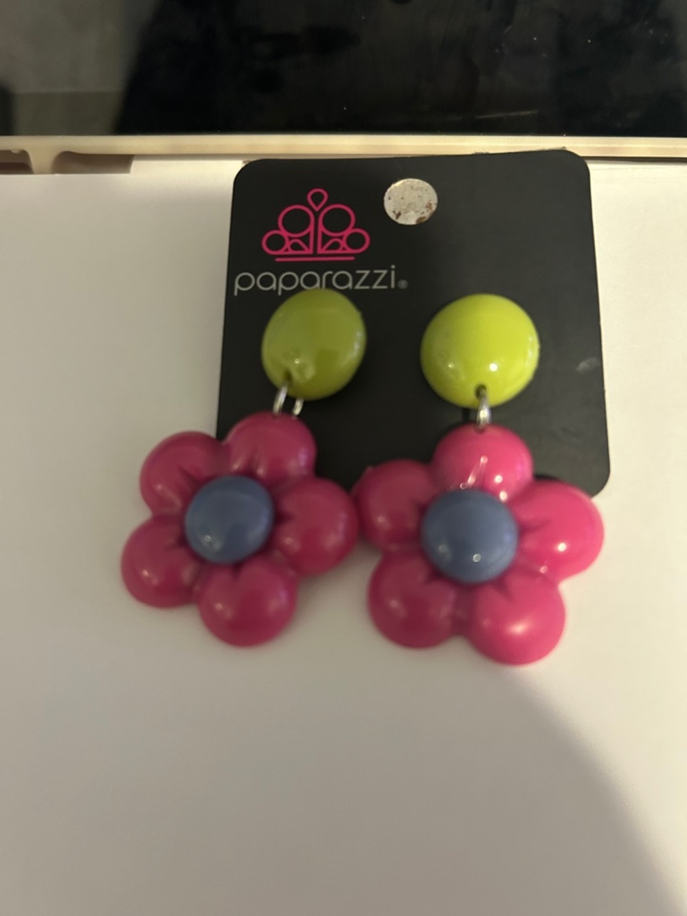 Paparazzi Pink Flower Drop Earrings with Lime Studs